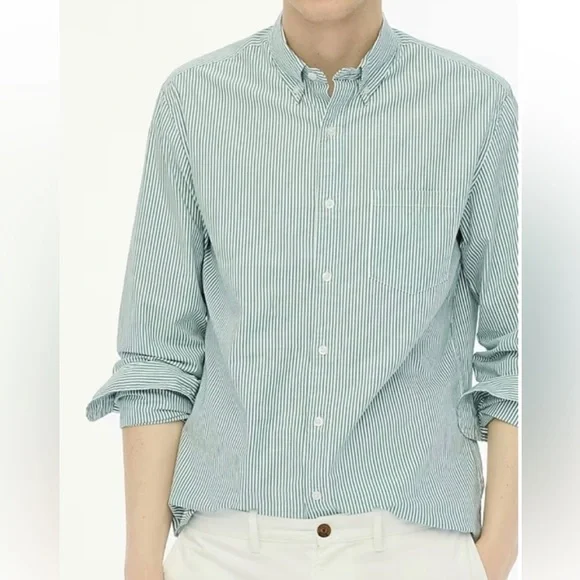 J. Crew Linen Long Sleeve Green Stripe Button down Shirt sz L - Picture 1 of 11